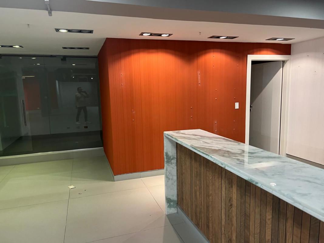 Modern reception space with marble countertop and glass wall PH Samuel Lewis Plaza Obarrio financial district Panama City