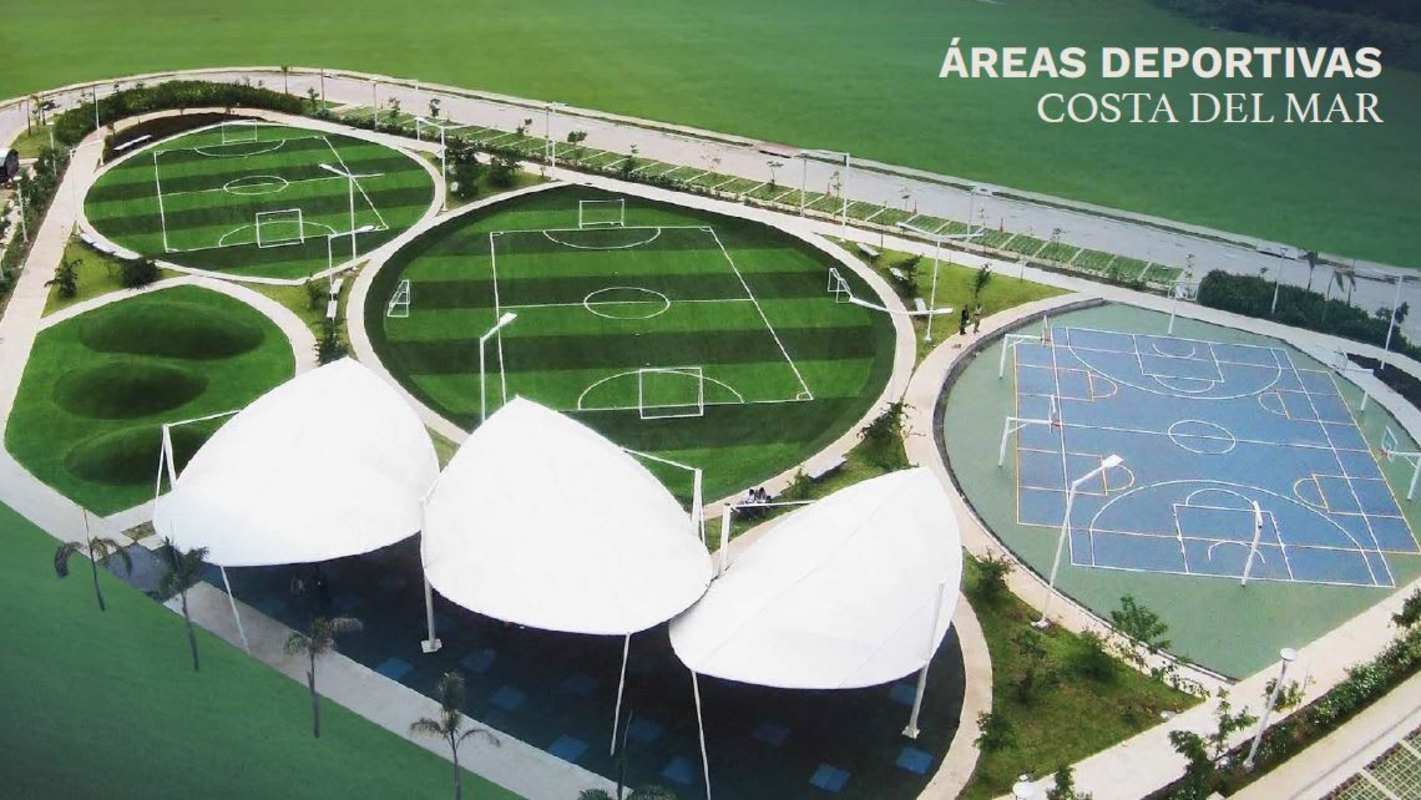 Aerial of sports fields, tennis, basketball courts and green spaces at PH Ipanema Costa del Este Panama City