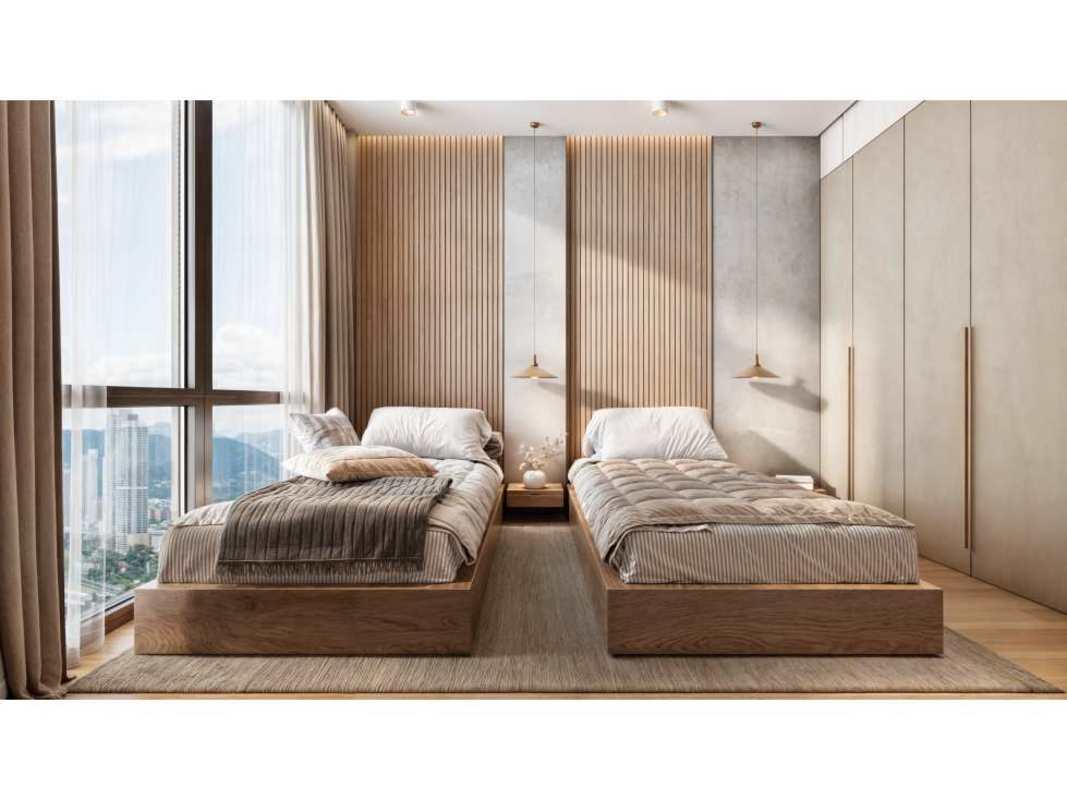 Twin beds bedroom with floor-to-ceiling windows panoramic skyline at Moderna 360