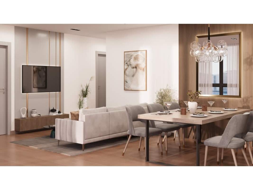 Spacious open concept living dining with beige sofa, TV in Moderna 360 Marbella Panama