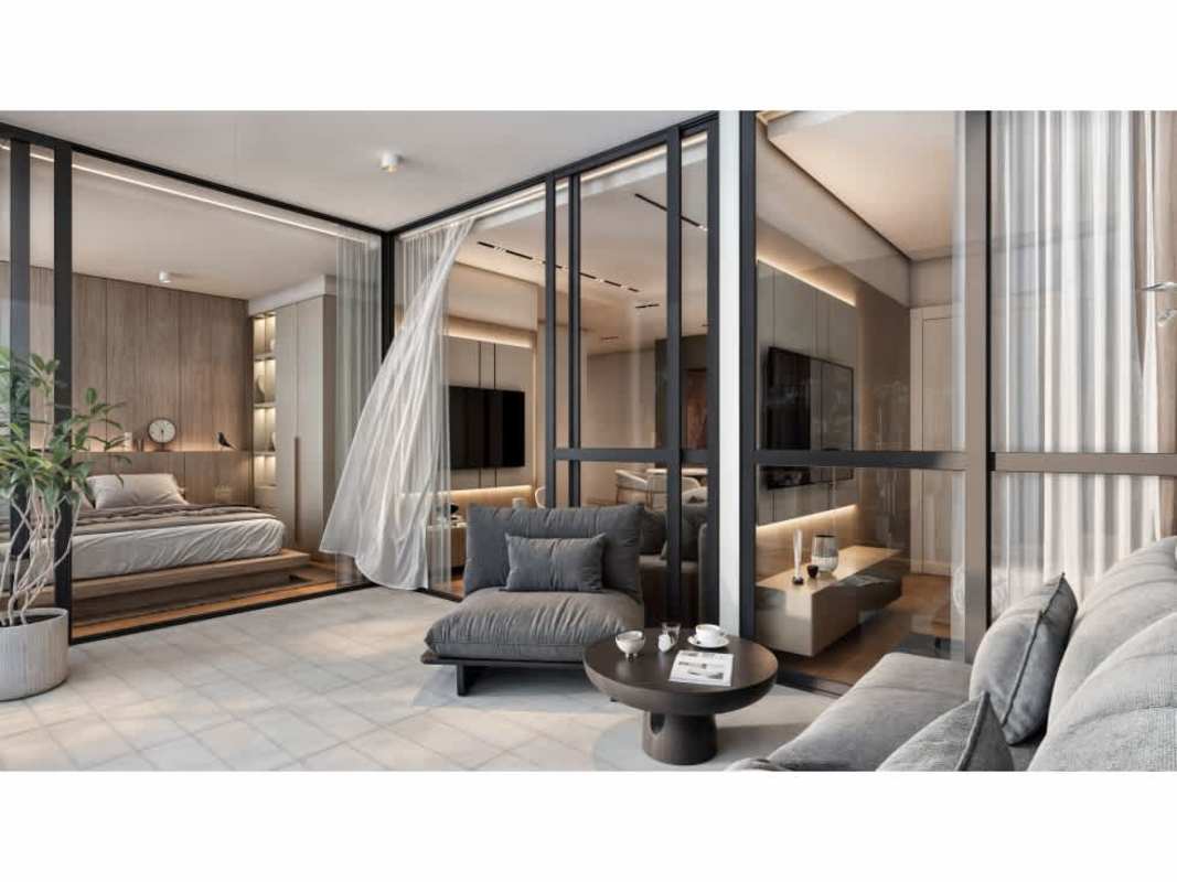 Modern bedroom with panoramic skyline balcony access at Moderna 360 Marbella Panama