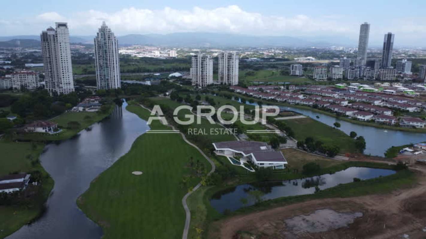 Aerial view of Nicklaus golf course luxury community Santa Maria Panama with lakes and homes