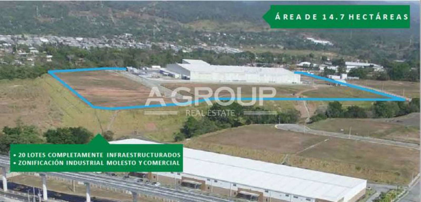 Parque Logístico Panamá aerial plan showing labeled industrial lots, free trade zone, main highways