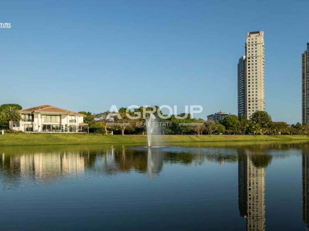 Modern mansion with lakefront and Panama City skyline backdrop in Santa Maria
