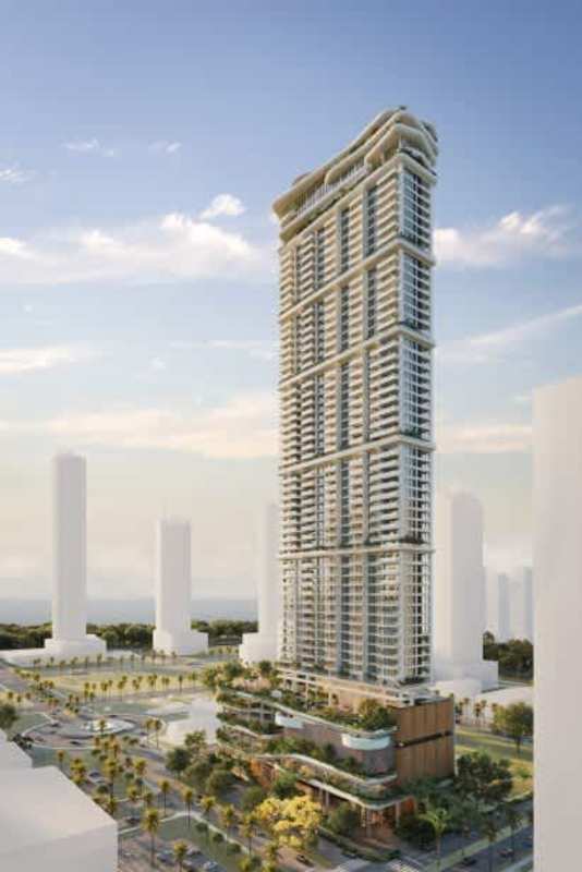High-rise luxury BIOMA tower glass balconies rooftop amenities in Costa del Este Panama