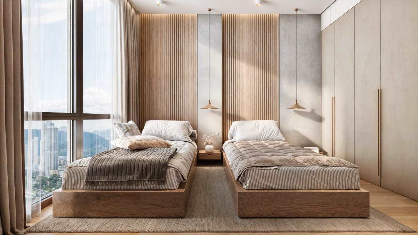 Minimalist modern bedroom with large windows at Moderna 360 Panama