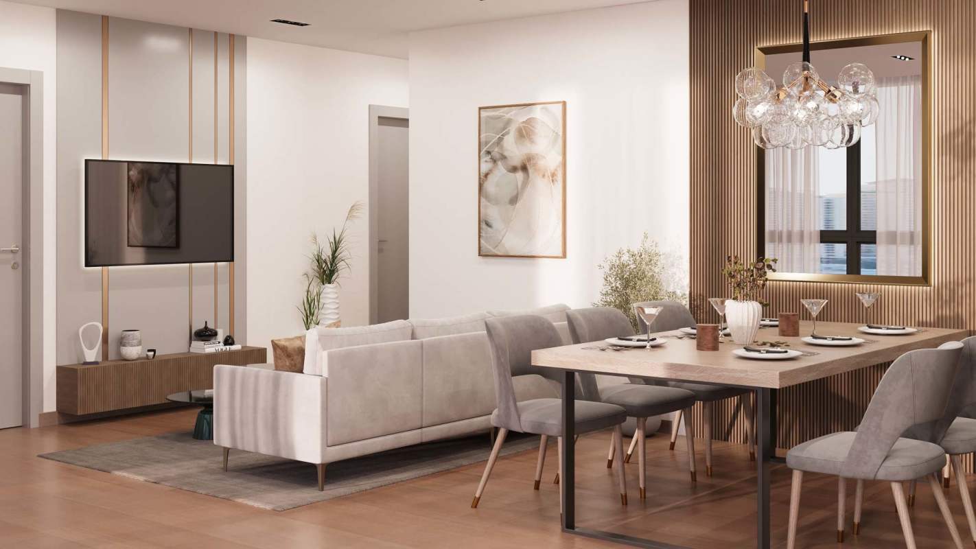 Modern open plan living and dining space with neutral decor at Moderna 360 Panama