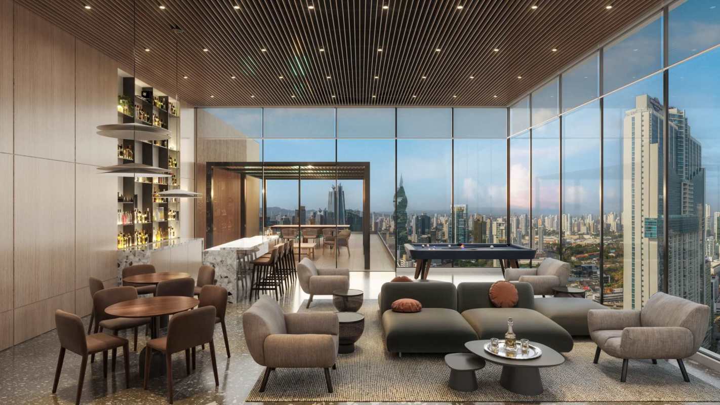 Furnished bedroom with floor-to-ceiling window and skyline view in Marbella Panama