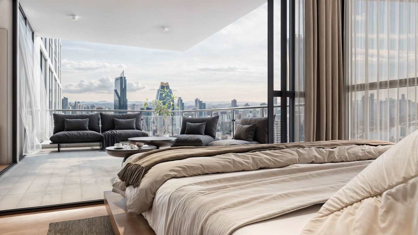 Bedroom with balcony access and city skyline views in Moderna 360 Panama
