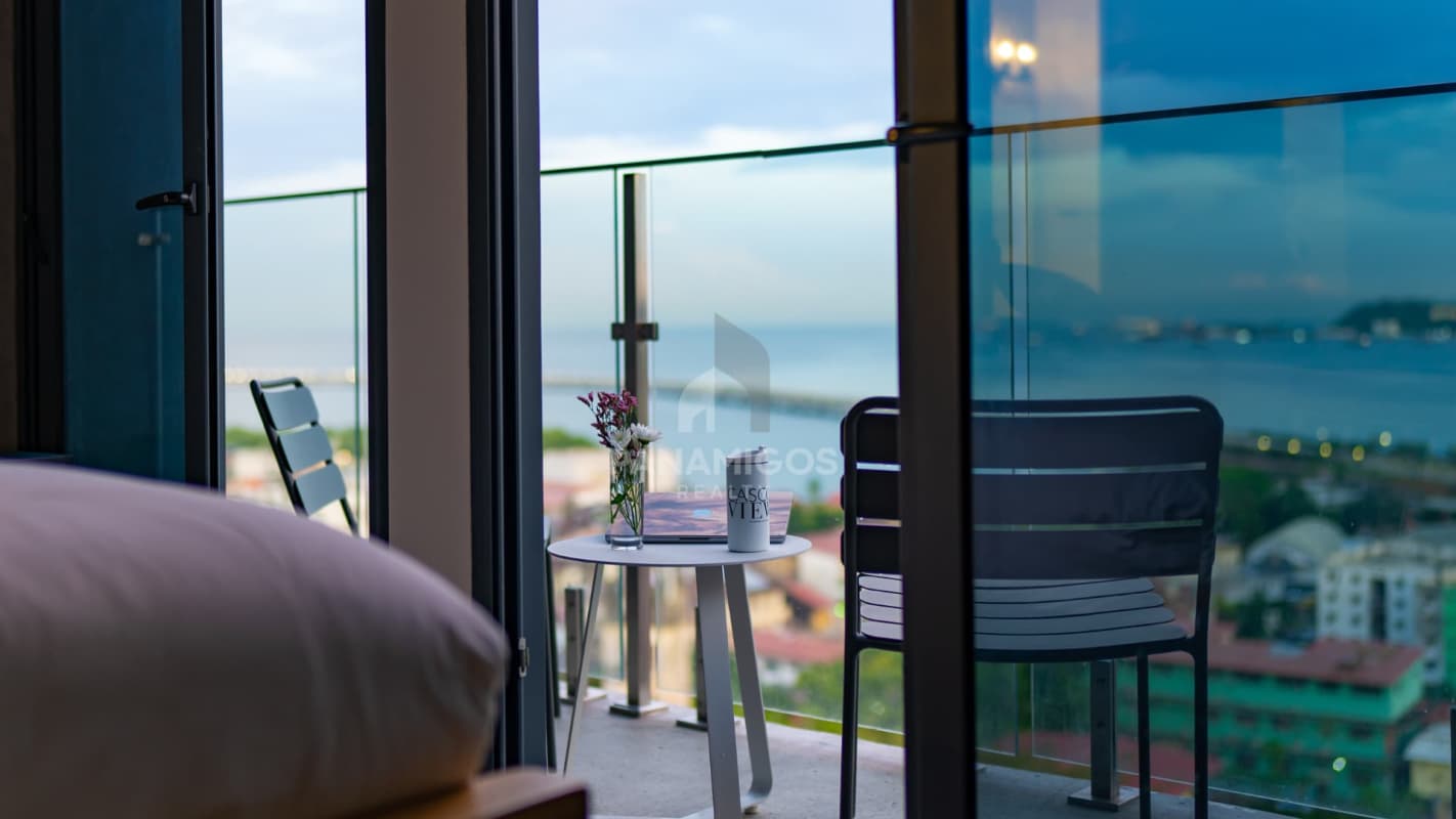 Minimalist bedroom with decor in Casco View condo Casco Viejo Panama