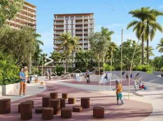 Aerial coastal panorama of Buenaventura resort with ocean, golf course and marina Panama