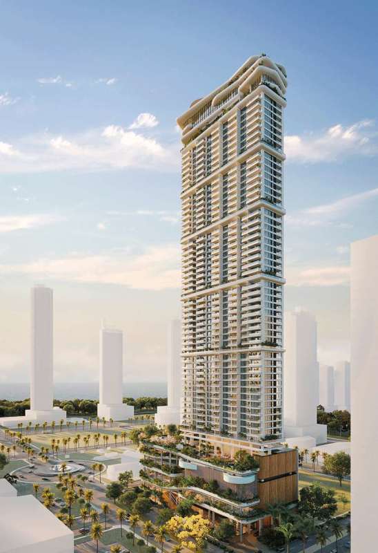 Facade of PH Bioma luxury tower with balconies and sky gardens in Panama