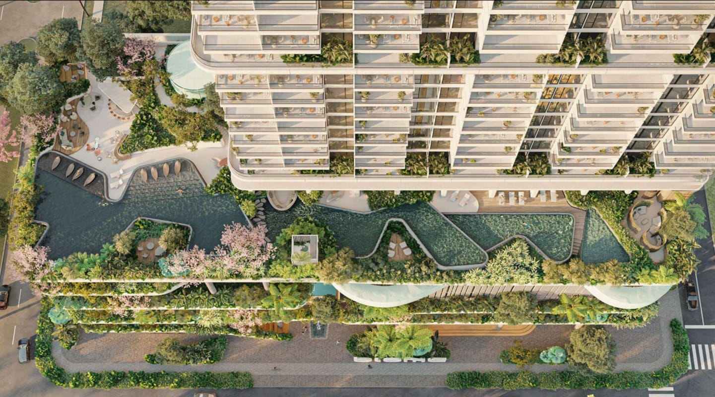 Infinity swimming pool with lush tropical design at PH Bioma Costa del Este