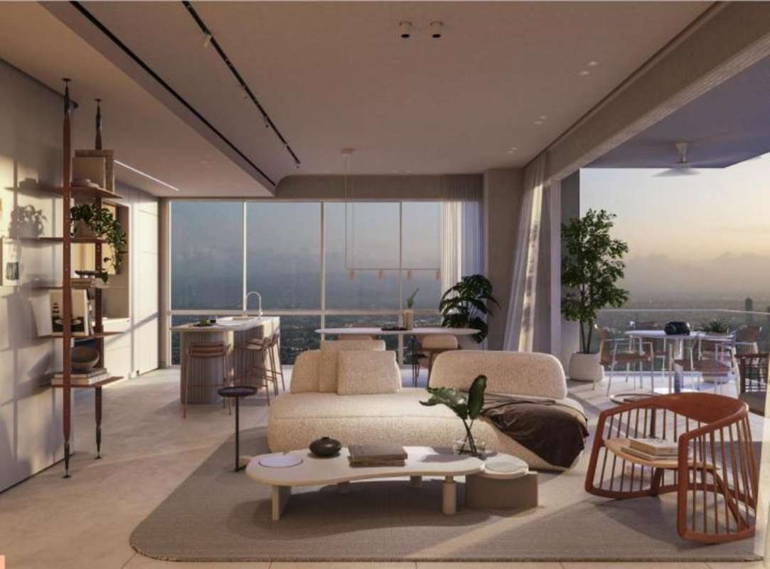 Aerial shot of Bioma tower in Costa del Este with landscaping, pool, terraces and panoramic vista