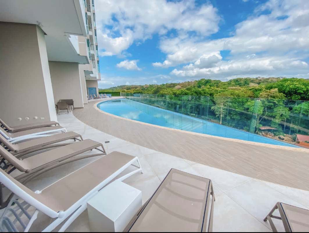 Outdoor rooftop pergola bar and seating with skyline views Edison Park Panama