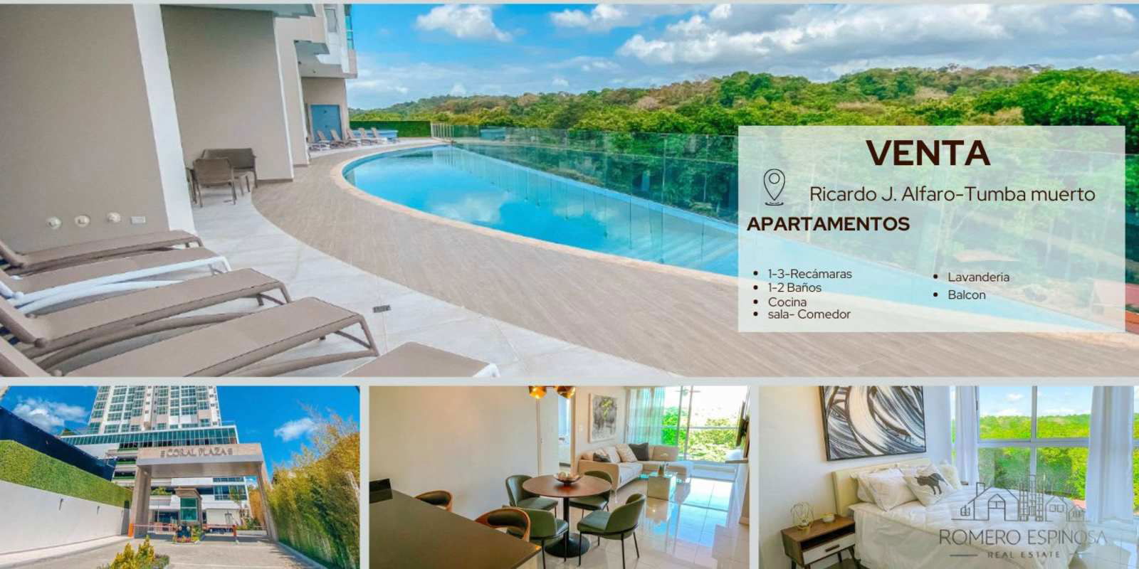 Collage of pool, apartment interiors, entrance Edison Park Panama