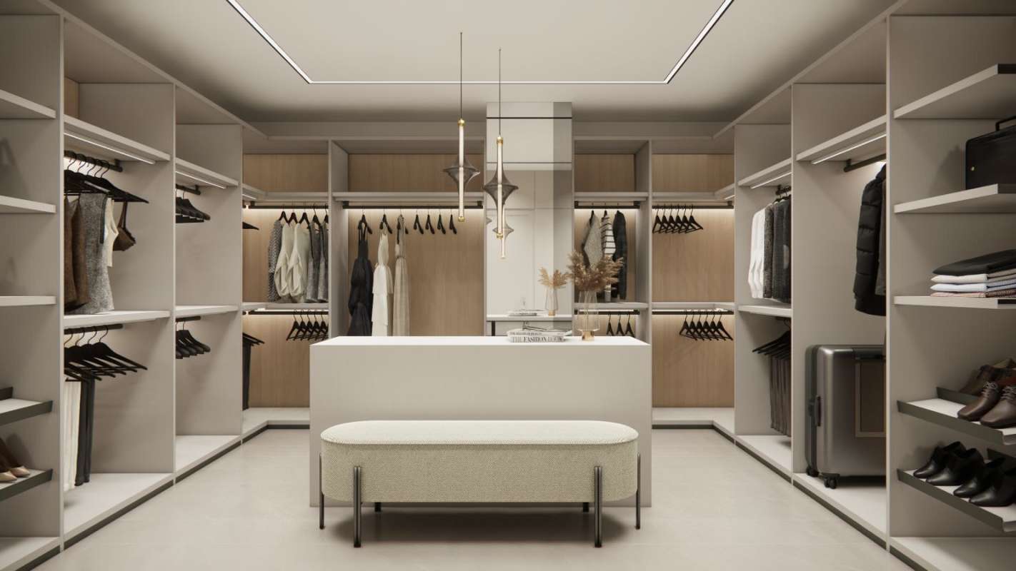 Spacious modern walk-in closet with island and lighting in PH Aremar Ocean Reef Panama