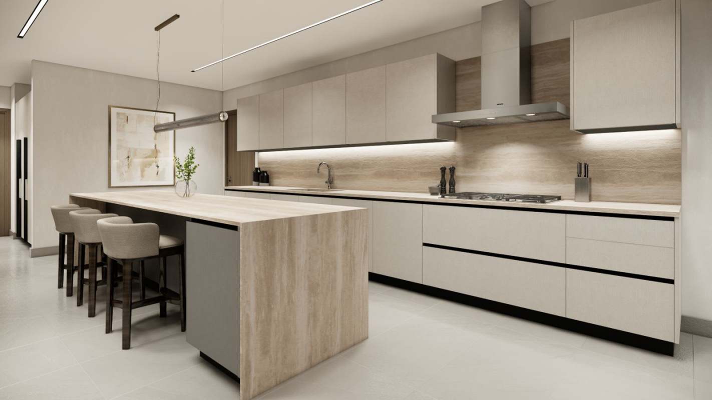 Open concept modern kitchen quartz island and ocean view PH Aremar Ocean Reef Panama