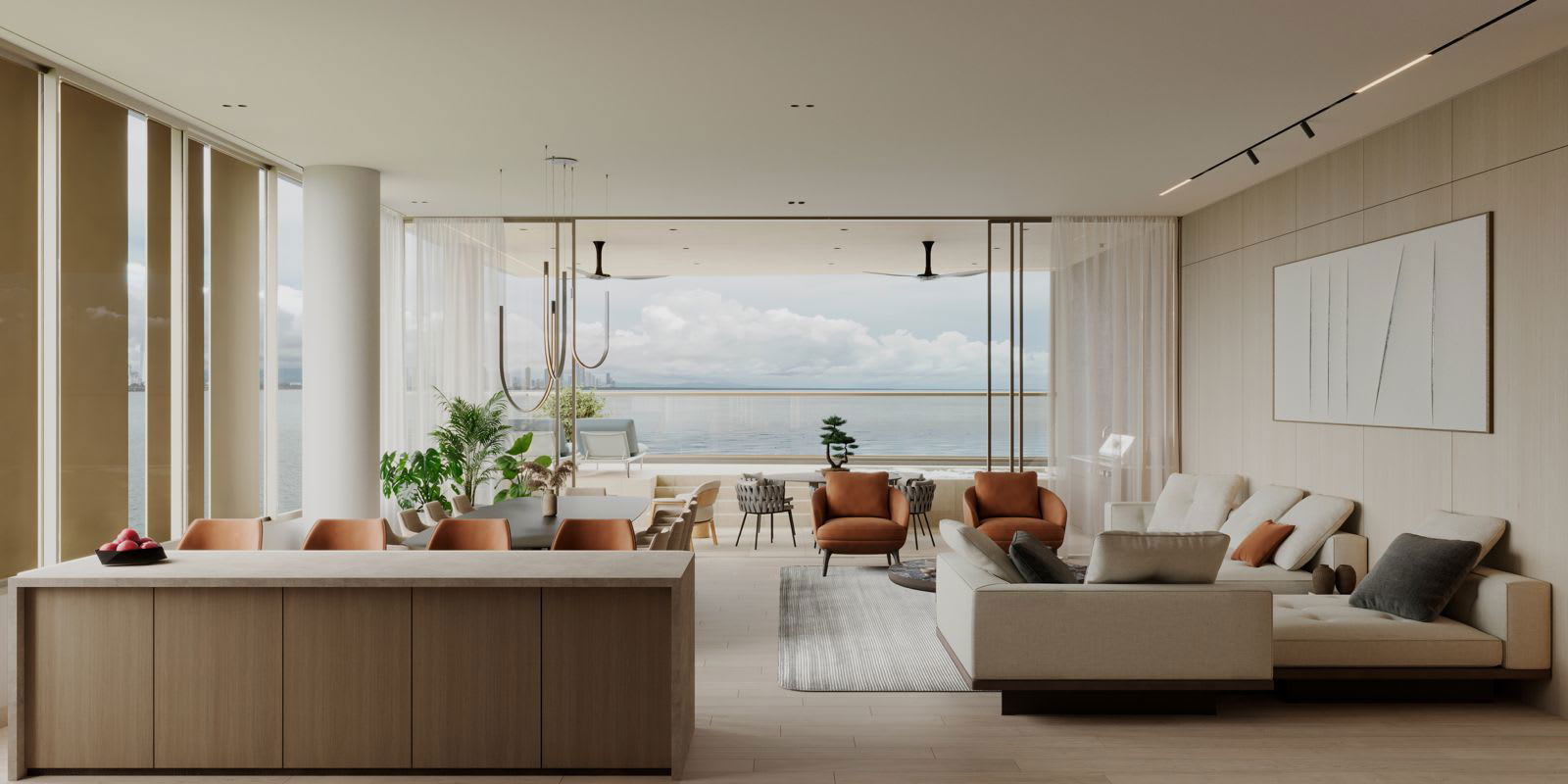 Spacious living and dining open plan with ocean view terrace PH Aremar Panama