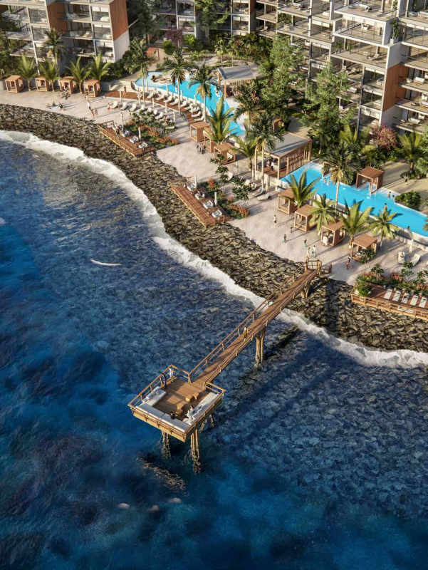 Aerial view of The Palms Beach Resort private island marina luxury development in Panama City
