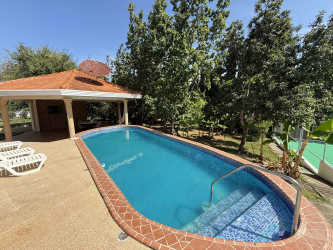 Private swimming pool with terracotta tile border and lounge area in Cantarrana Chitré Los Santos Panama