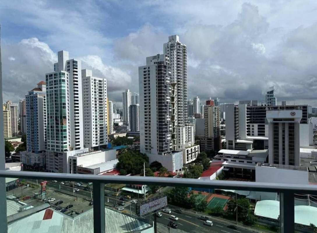 Balcony view overlooking Panama City skyline high-rise buildings from PH Terramar in San Francisco district