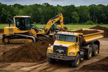 Bulldozer, excavator and dump truck working at commercial property for sale Panama