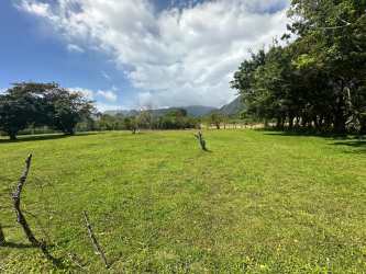 Large flat grassy land plot with clear sky and mountain views in Panama