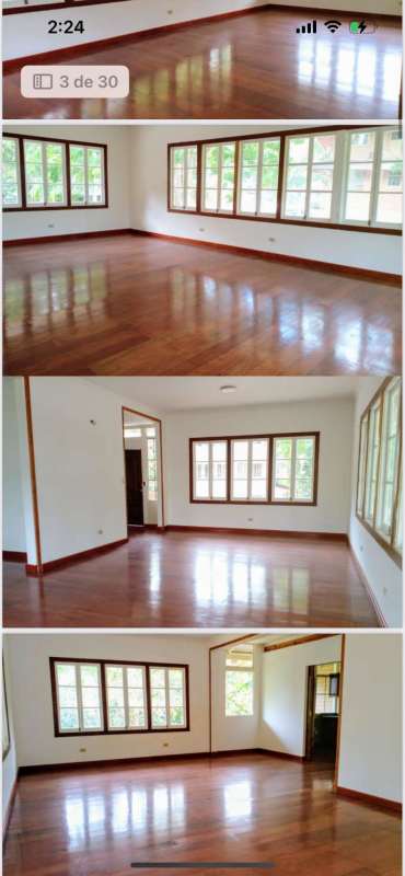 Bedroom with hardwood floors and tall windows overlooking garden for rent Panama