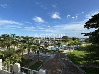 Covered terrace with hanging chair and ocean garden view Marina Village Boventura Panama