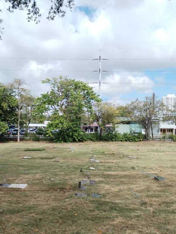 Open grassy cemetery area with trees and gravestones at Jardín de Paz Panama City