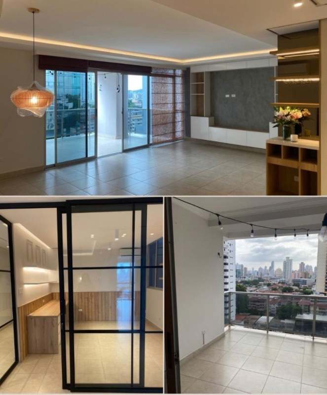 Living room with large glass doors to balcony city view PH San Francisco Bay Panama City