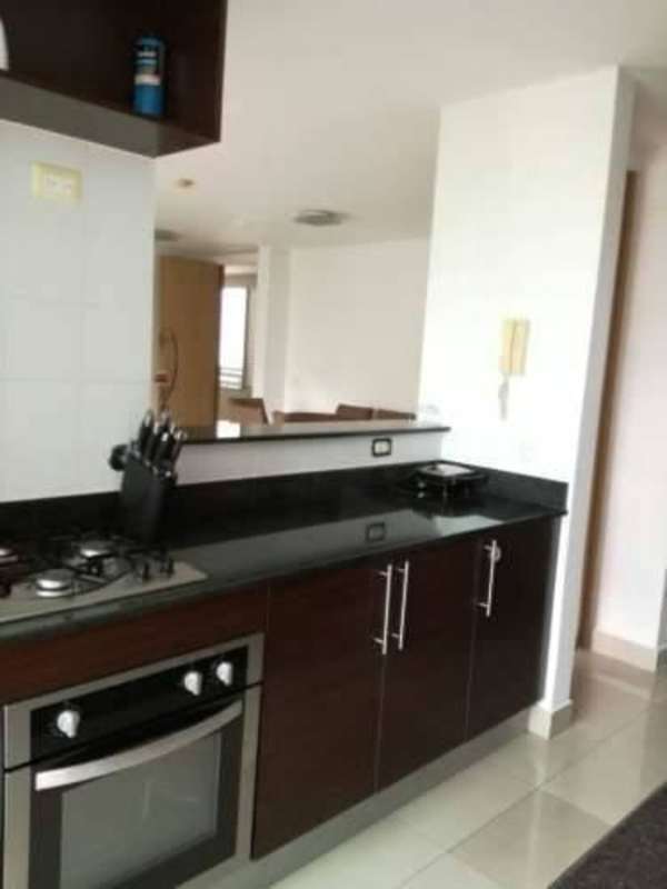 Kitchen view with granite counters, stove, cabinetry, pass-through window apartment PH Citrus San Francisco Panama