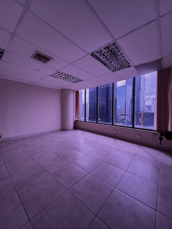 Open modern office area with floor-to-ceiling windows overlooking city skyline in Proconsa