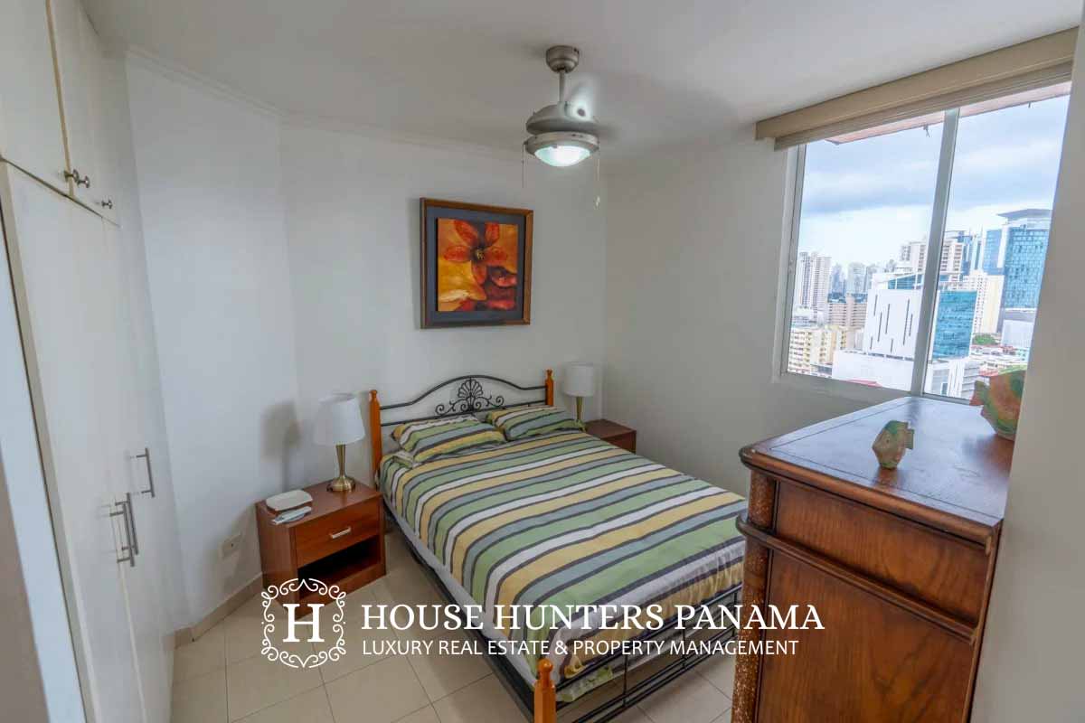 Bright bedroom with AC, closet, large window city skyline PH El Cangrejo Panama City