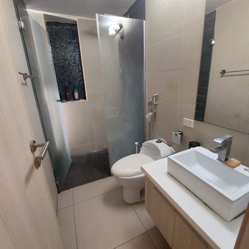 Modern bathroom with glass shower, large mirror, mosaic tiles PH Sky Park Panama City