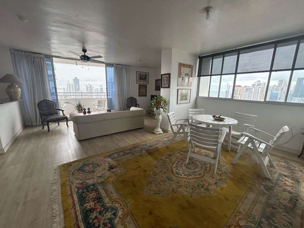 Modern bathroom with glass shower door, vanity and mirror in apartment San Francisco Park Panama