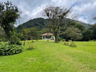 Single-story white country house with red tile roof and water tanks in lush garden setting