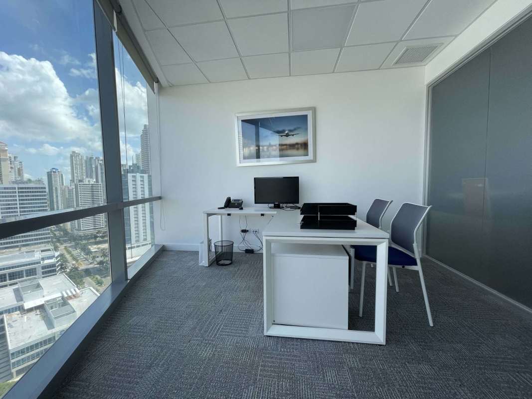 Open plan office layout with natural light and city views in Costa del Este Panama