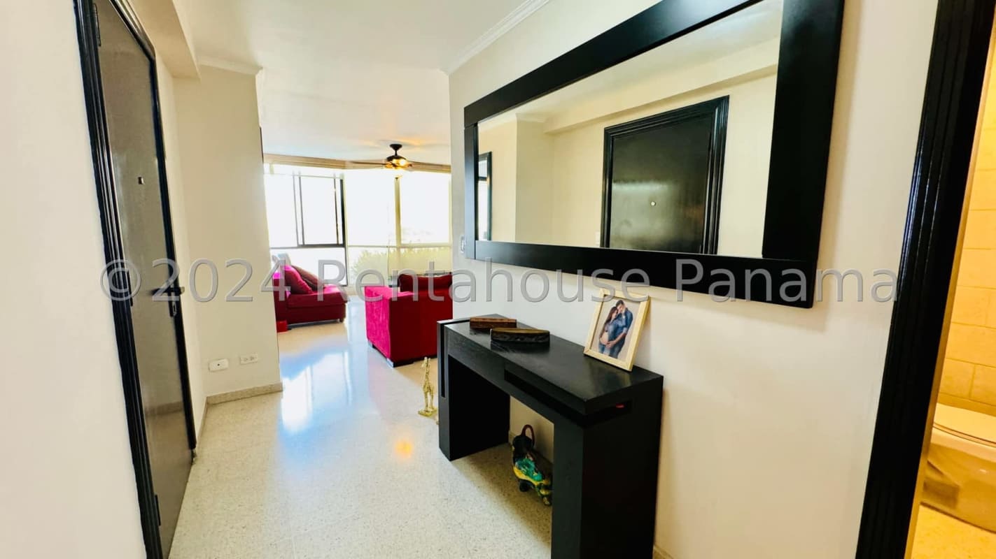 Modern high-rise tower PH Pacific Sky facade with balconies in Punta Paitilla Panama