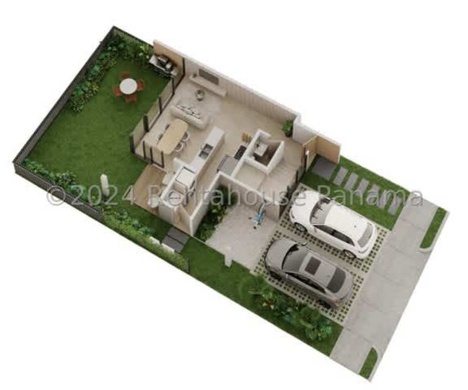 Aerial view modern townhouse floor plan with garden, parking in Green City Panama