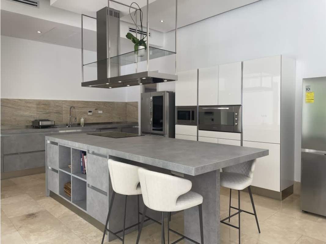 Contemporary kitchen with large island, premium appliances in estate home Santa Maria Panama