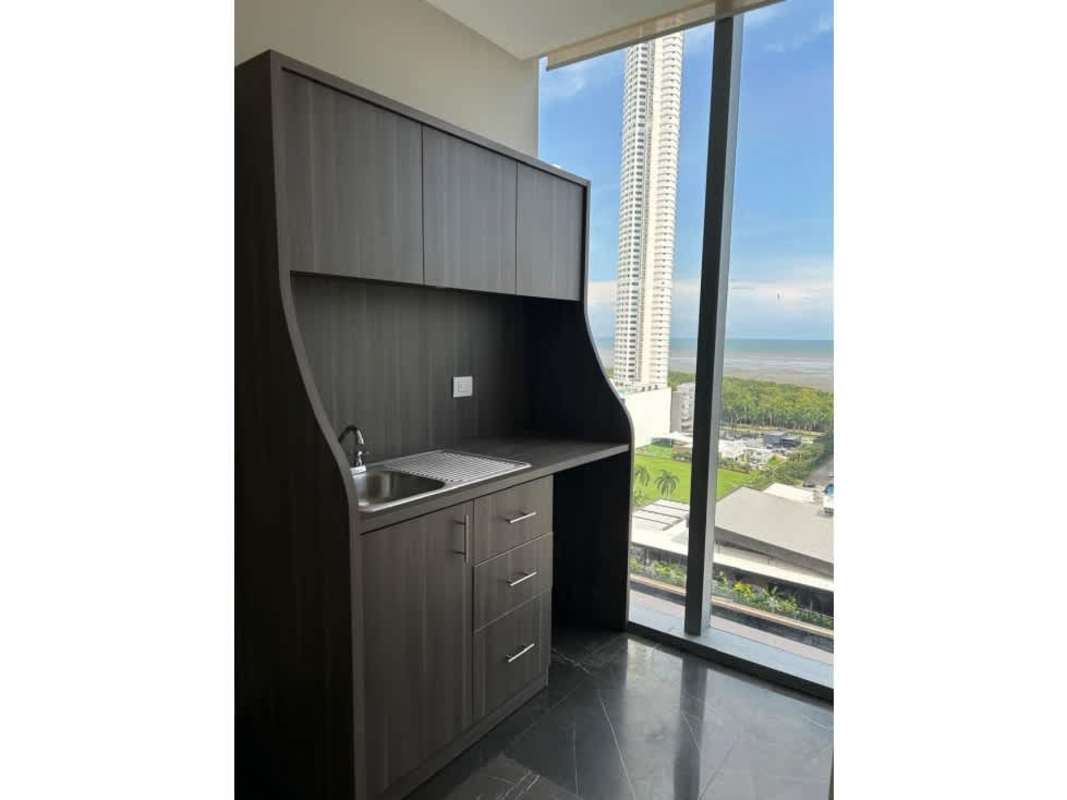 Compact kitchenette inside premium corporate office with city and water view in PH Panama Design Center