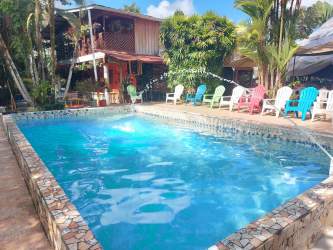 Two swimming pools surrounded by gardens and barbecue area at Finca Villa Luz Chiriquí Panama