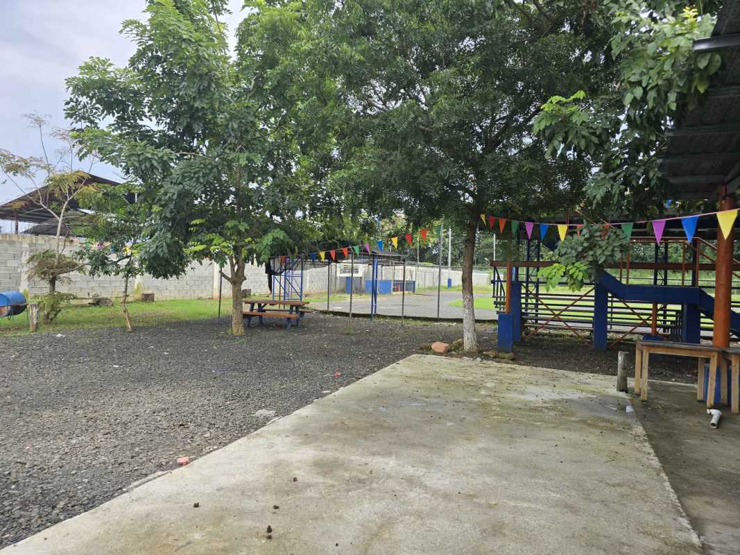 Outdoor recreational gathering spot with trees, tables and flags Pacora