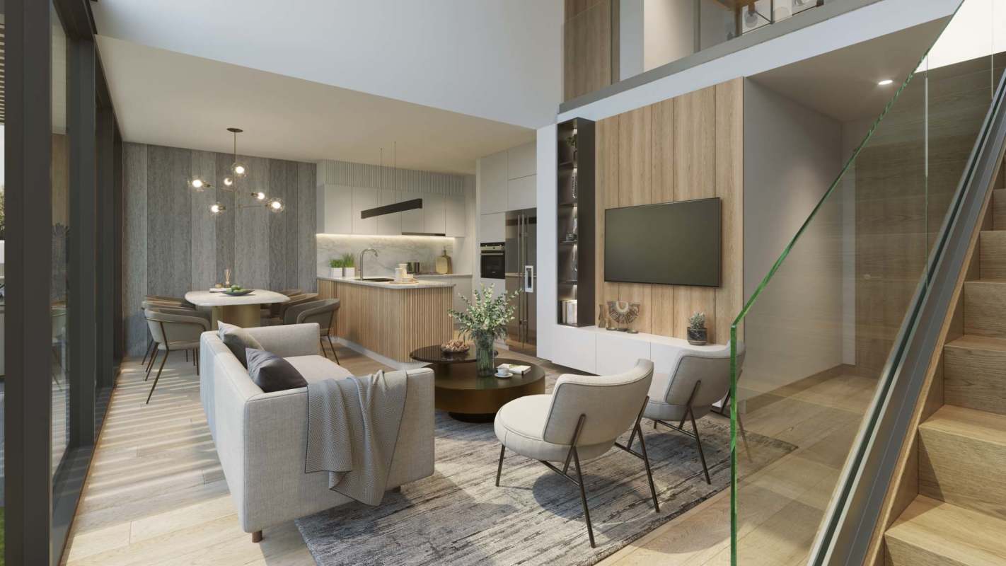 Contemporary kitchen with modern finishes and granite countertops in solar home Green City