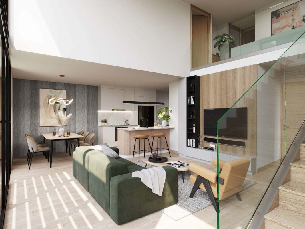 Aerial view of Green City eco community with clubhouse, pools, and green areas Panama Norte