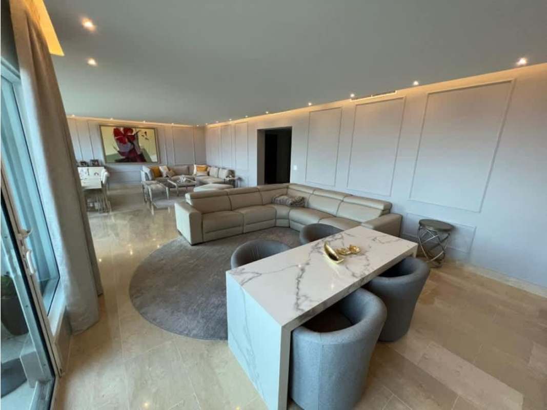 Grand private foyer entrance with marble flooring in PH Zeus Costa del Este luxury apartment Panama City