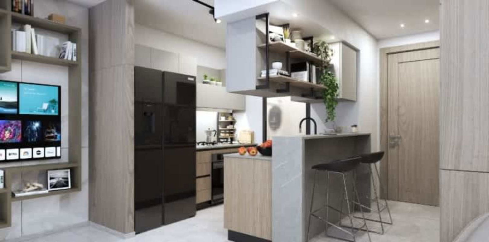 Open plan kitchen with stylish cabinetry and breakfast bar at PH Skyline Panama City