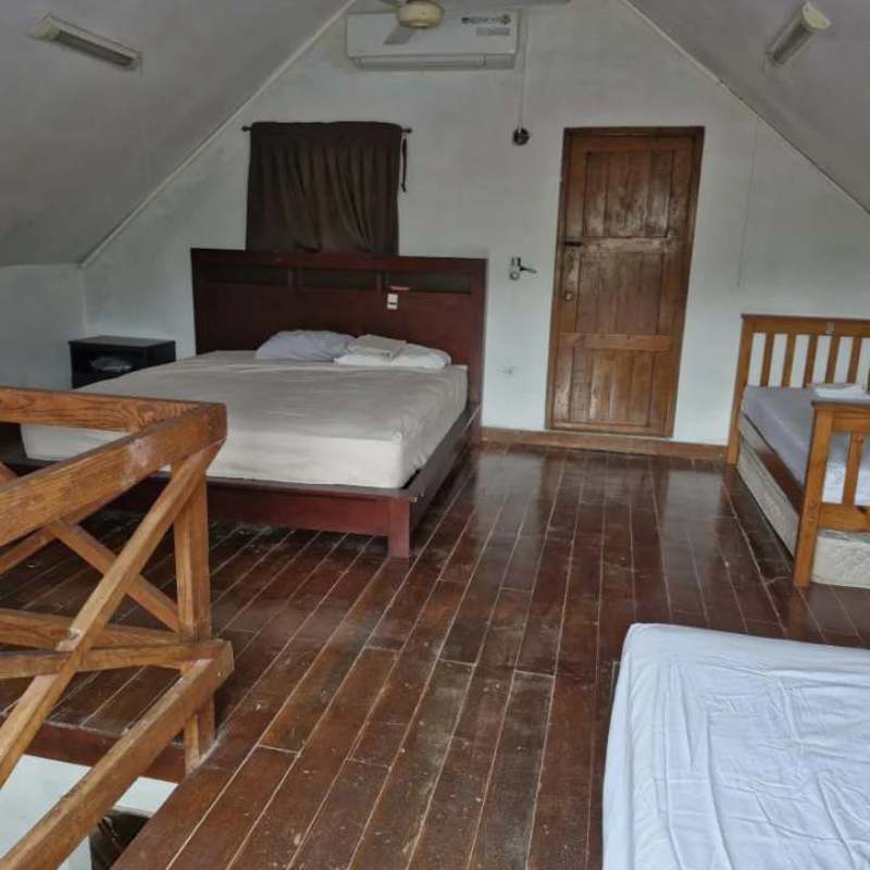 Living room with wood ceiling beams, gray sectional sofa, harp, wood staircase in mountain house Cerro Azul Panama